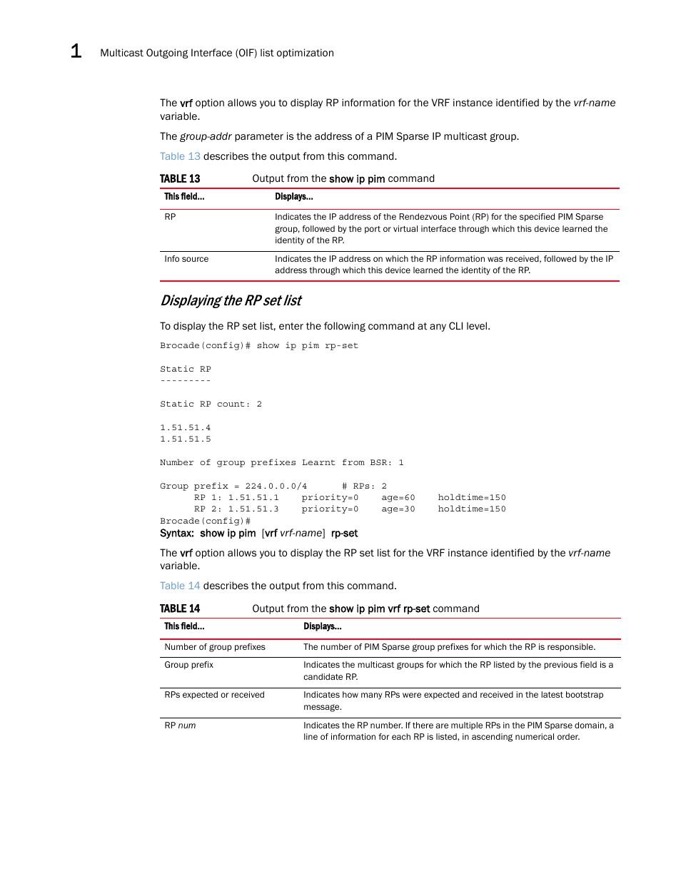 Displaying the rp set list | Brocade Multi-Service IronWare Multicast Configuration Guide (Supporting R05.6.00) User Manual | Page 70 / 216