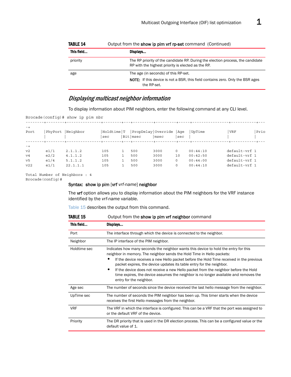 Displaying multicast neighbor information | Brocade Multi-Service IronWare Multicast Configuration Guide (Supporting R05.6.00) User Manual | Page 71 / 216