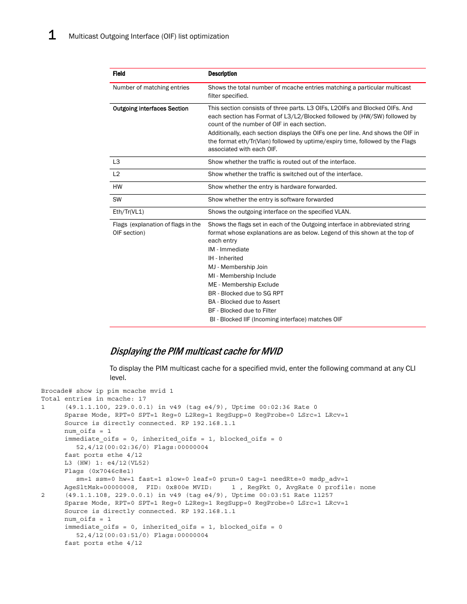Displaying the pim multicast cache for mvid | Brocade Multi-Service IronWare Multicast Configuration Guide (Supporting R05.6.00) User Manual | Page 74 / 216