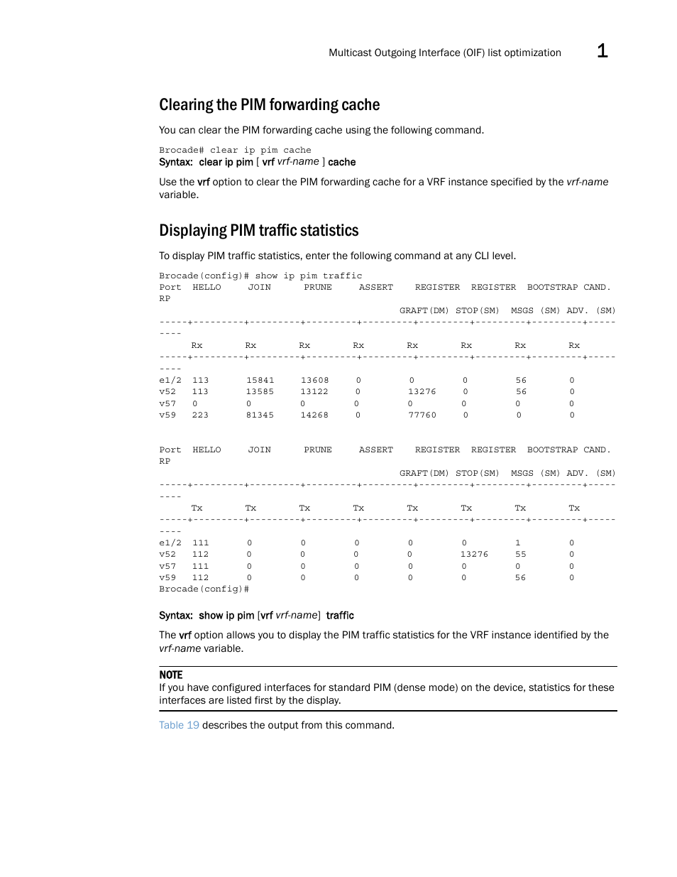 Clearing the pim forwarding cache, Displaying pim traffic statistics | Brocade Multi-Service IronWare Multicast Configuration Guide (Supporting R05.6.00) User Manual | Page 79 / 216