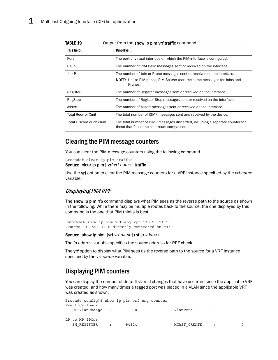 Clearing the pim message counters, Displaying pim counters, Displaying pim rpf | Brocade Multi-Service IronWare Multicast Configuration Guide (Supporting R05.6.00) User Manual | Page 80 / 216