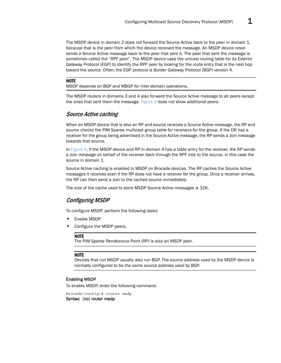 Source active caching, Configuring msdp | Brocade Multi-Service IronWare Multicast Configuration Guide (Supporting R05.6.00) User Manual | Page 83 / 216