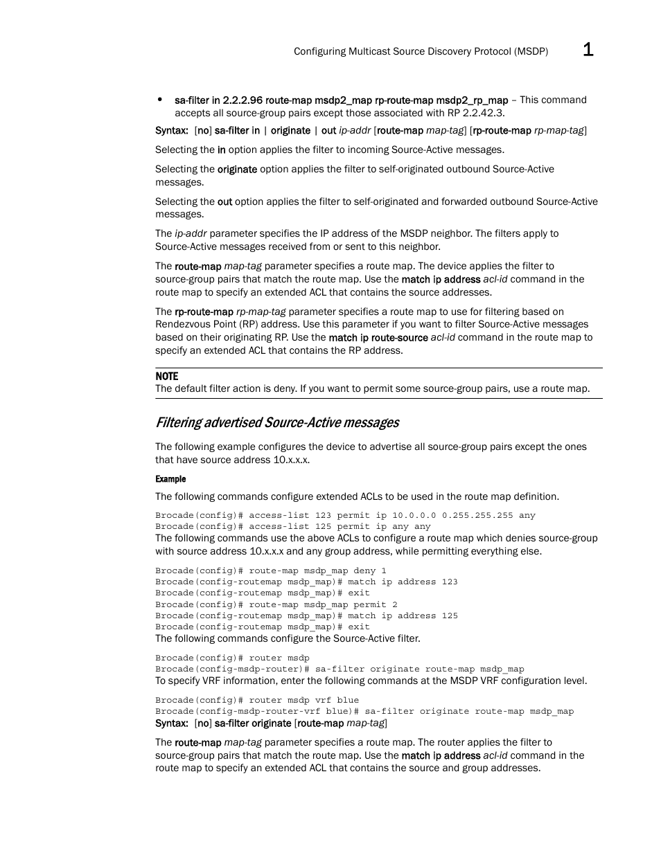 Filtering advertised source-active messages | Brocade Multi-Service IronWare Multicast Configuration Guide (Supporting R05.6.00) User Manual | Page 87 / 216