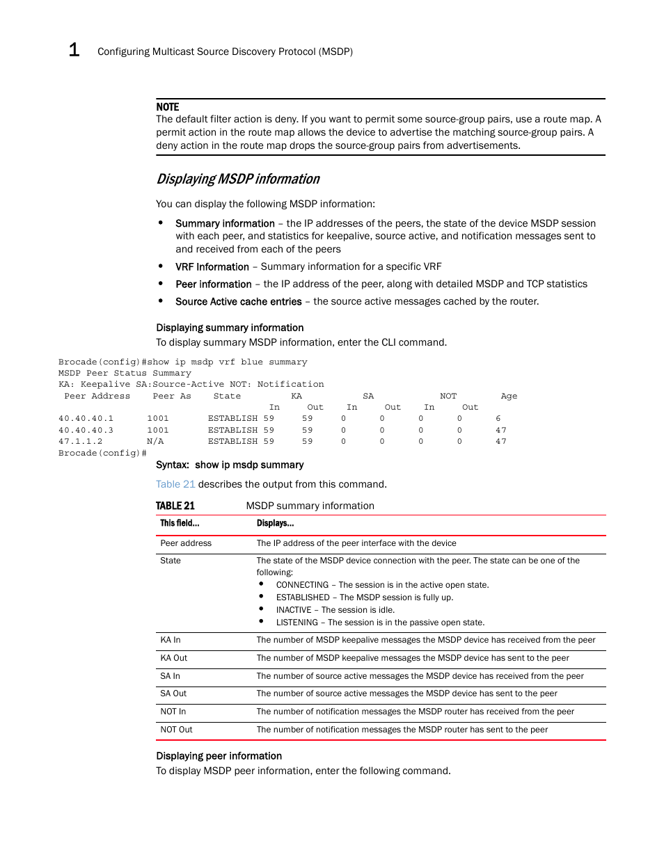 Displaying msdp information | Brocade Multi-Service IronWare Multicast Configuration Guide (Supporting R05.6.00) User Manual | Page 88 / 216