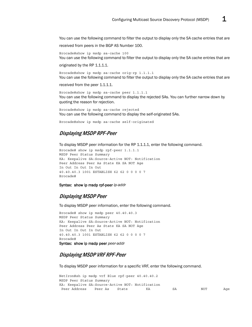 Displaying msdp rpf-peer, Displaying msdp peer, Displaying msdp vrf rpf-peer | Brocade Multi-Service IronWare Multicast Configuration Guide (Supporting R05.6.00) User Manual | Page 93 / 216