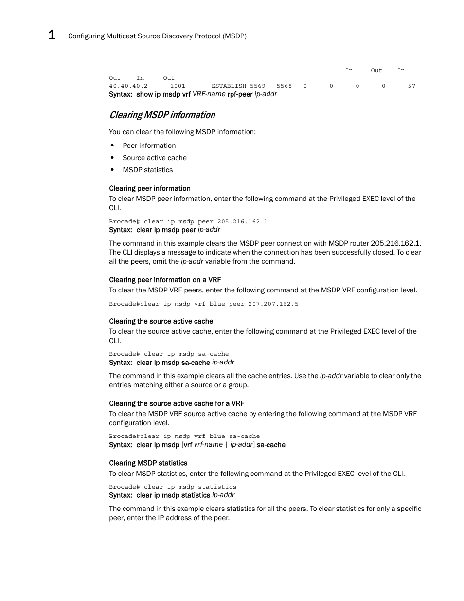 Clearing msdp information | Brocade Multi-Service IronWare Multicast Configuration Guide (Supporting R05.6.00) User Manual | Page 94 / 216