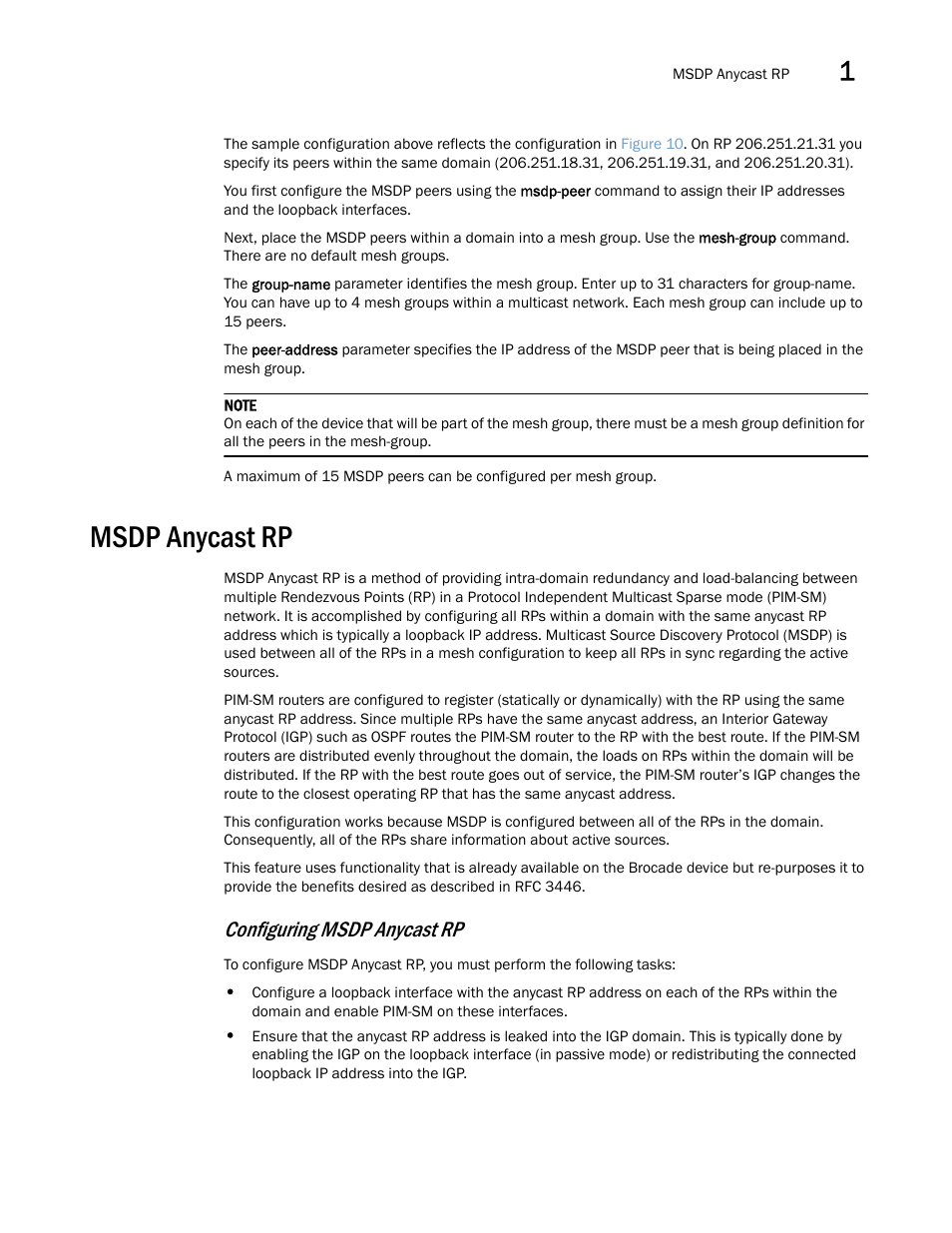 Msdp anycast rp, Configuring msdp anycast rp | Brocade Multi-Service IronWare Multicast Configuration Guide (Supporting R05.6.00) User Manual | Page 97 / 216