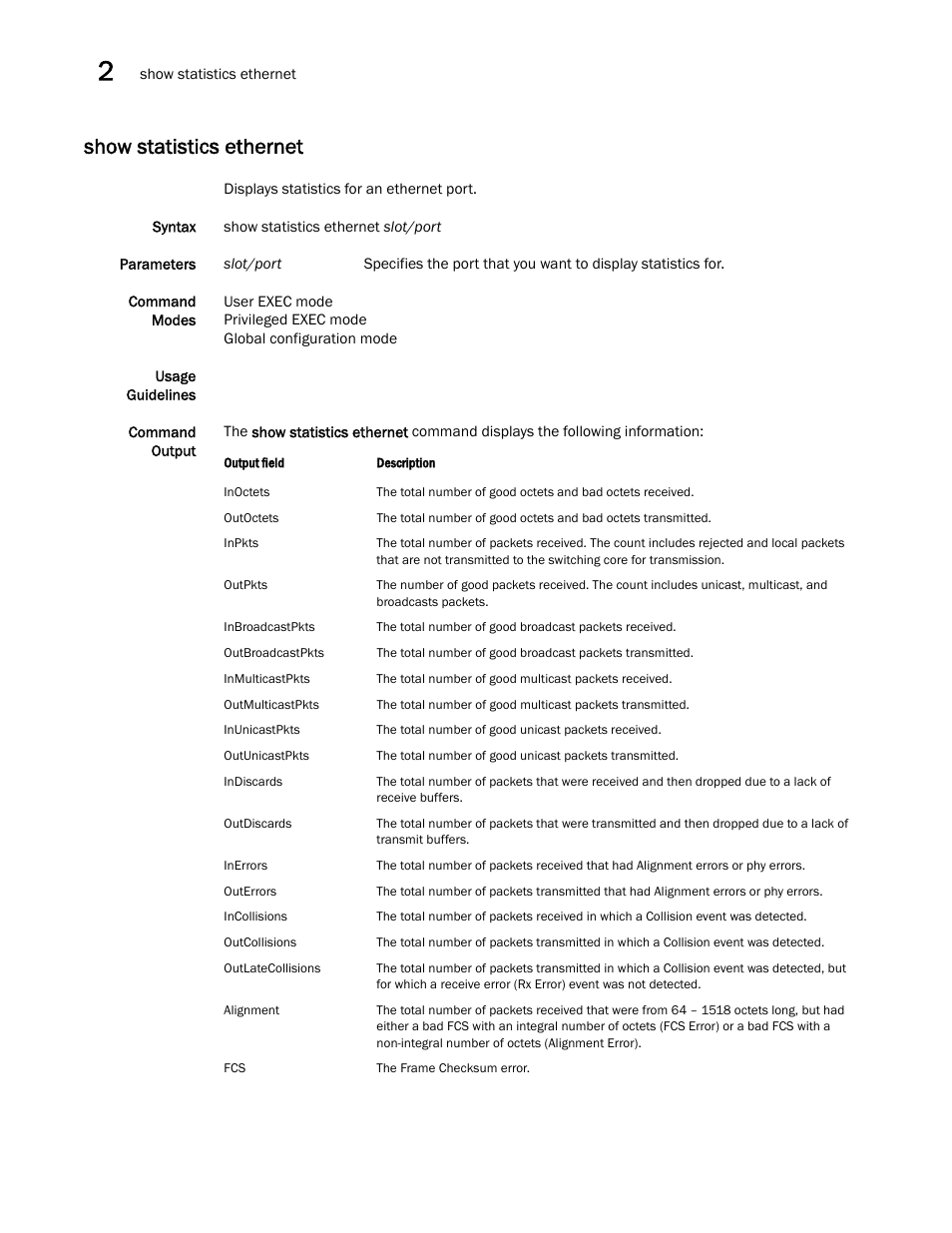 Show statistics ethernet | Brocade Multi-Service IronWare Administration Guide (Supporting R05.6.00) User Manual | Page 102 / 432