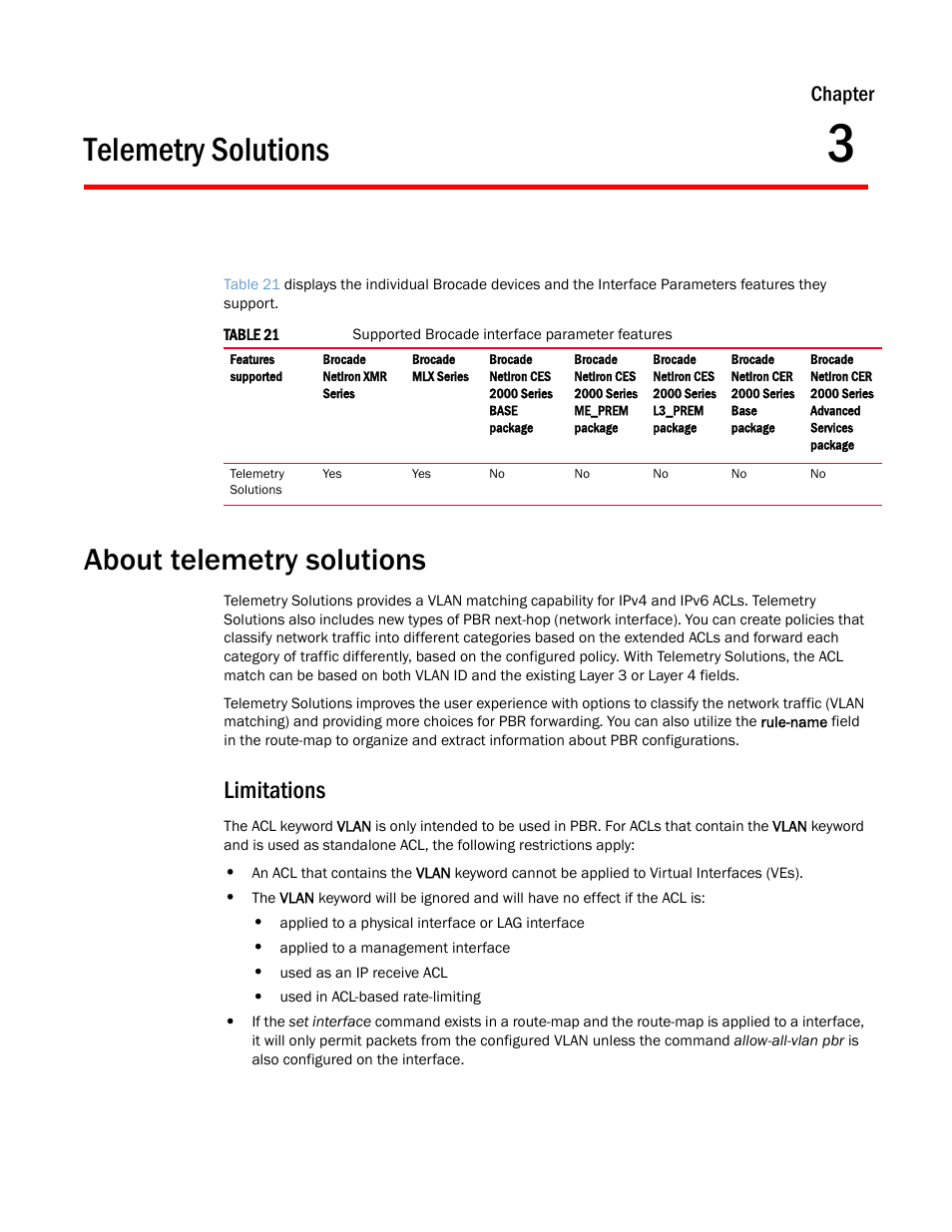 Telemetry solutions, About telemetry solutions, Limitations | Chapter 3, Chapter | Brocade Multi-Service IronWare Administration Guide (Supporting R05.6.00) User Manual | Page 107 / 432