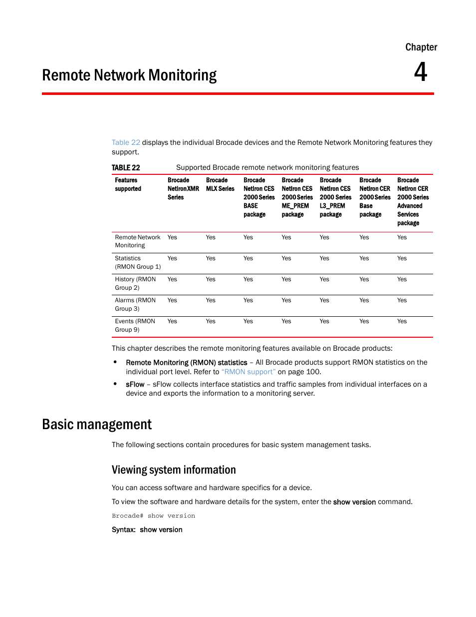 Remote network monitoring, Basic management, Viewing system information | Chapter 4, Chapter | Brocade Multi-Service IronWare Administration Guide (Supporting R05.6.00) User Manual | Page 115 / 432