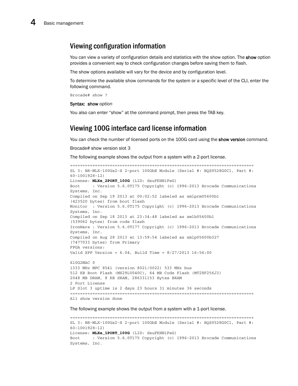 Viewing configuration information, Viewing 100g interface card license information | Brocade Multi-Service IronWare Administration Guide (Supporting R05.6.00) User Manual | Page 116 / 432