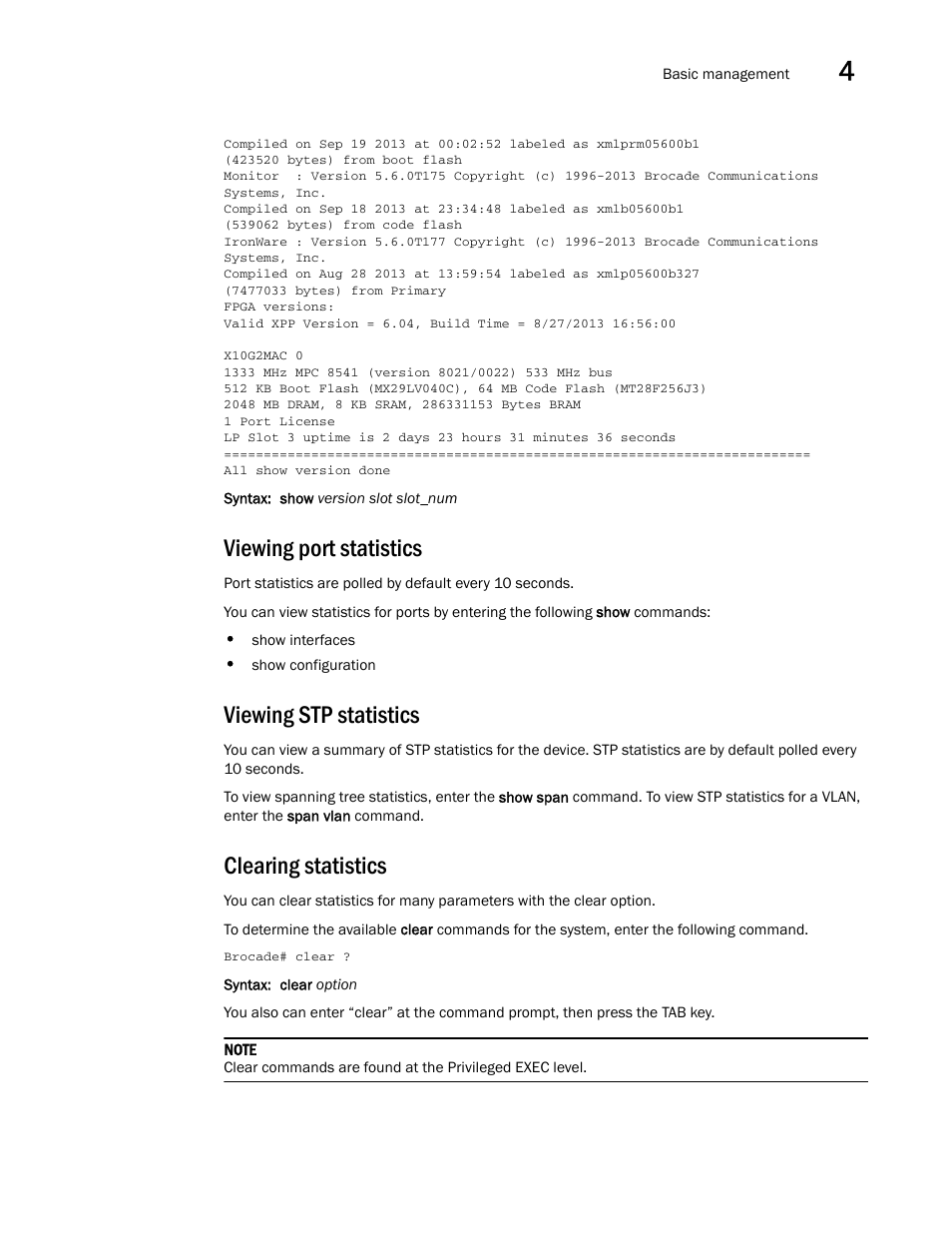 Viewing port statistics, Viewing stp statistics, Clearing statistics | Brocade Multi-Service IronWare Administration Guide (Supporting R05.6.00) User Manual | Page 117 / 432