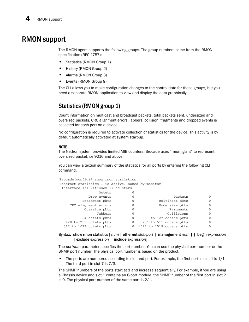 Rmon support, Statistics (rmon group 1) | Brocade Multi-Service IronWare Administration Guide (Supporting R05.6.00) User Manual | Page 118 / 432