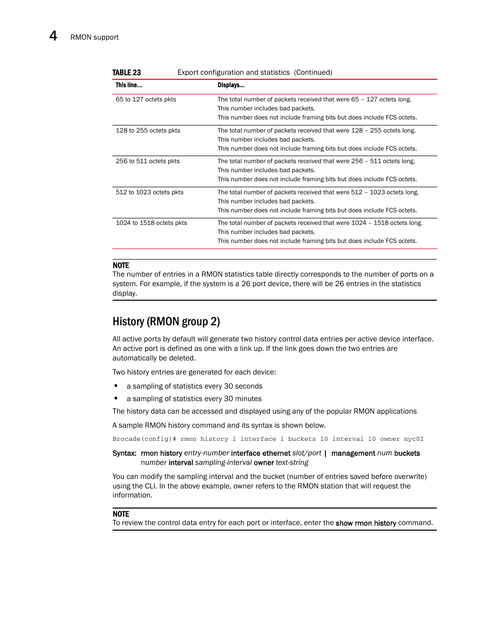 History (rmon group 2) | Brocade Multi-Service IronWare Administration Guide (Supporting R05.6.00) User Manual | Page 120 / 432