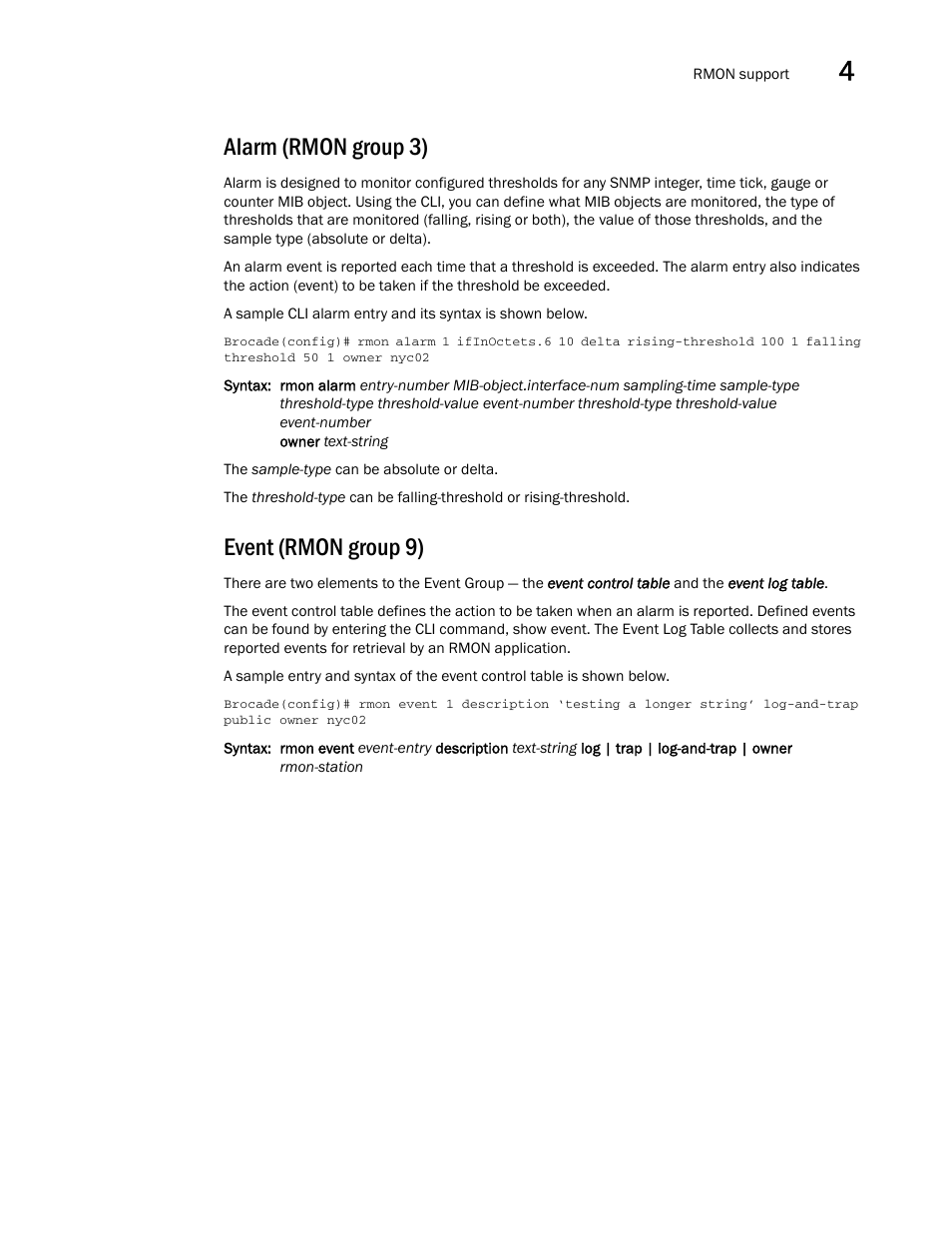 Alarm (rmon group 3), Event (rmon group 9) | Brocade Multi-Service IronWare Administration Guide (Supporting R05.6.00) User Manual | Page 121 / 432