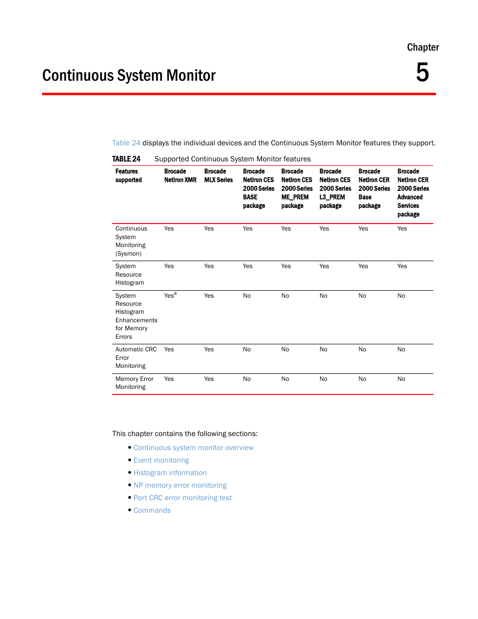 Continuous system monitor, Chapter 5, Chapter | Brocade Multi-Service IronWare Administration Guide (Supporting R05.6.00) User Manual | Page 123 / 432