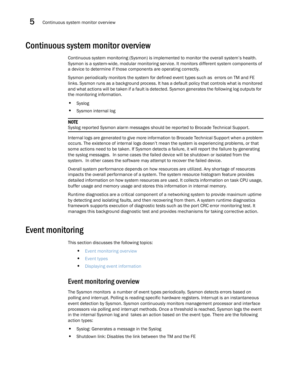 Continuous system monitor overview, Event monitoring, Event monitoring overview | Brocade Multi-Service IronWare Administration Guide (Supporting R05.6.00) User Manual | Page 124 / 432