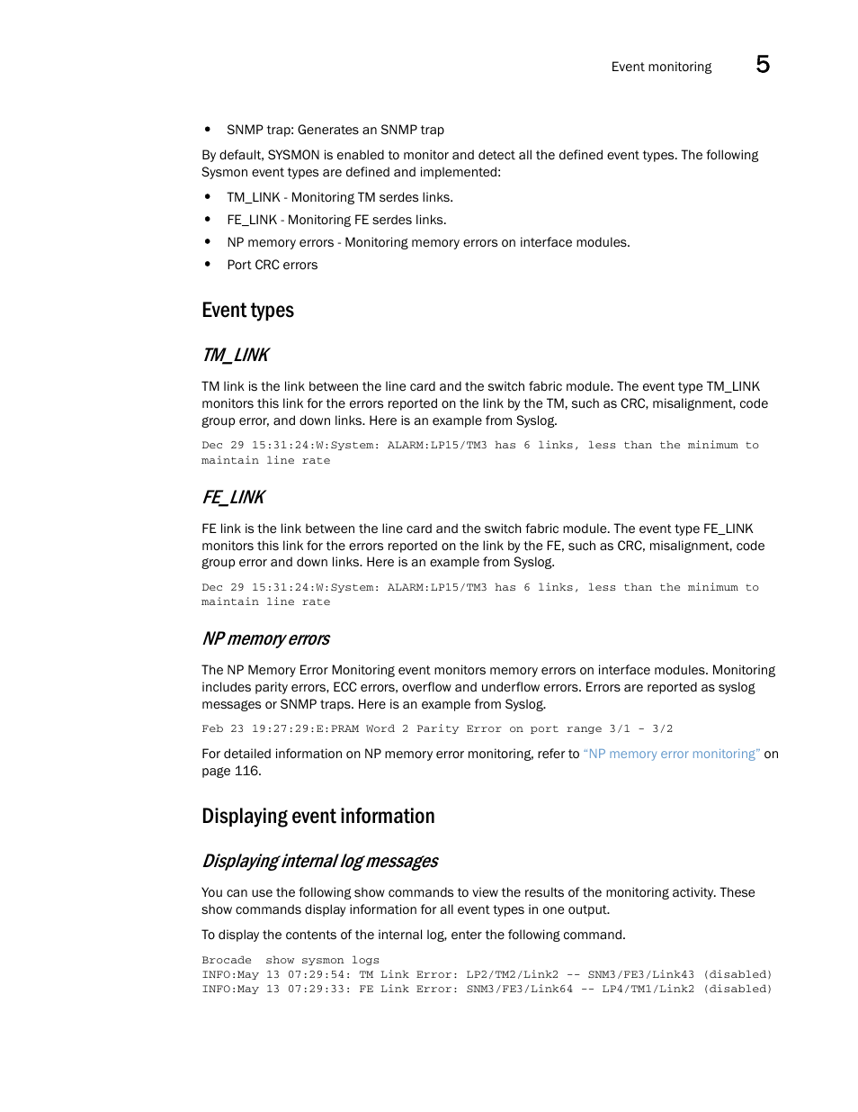Event types, Displaying event information, Tm_link | Fe_link, Displaying internal log messages | Brocade Multi-Service IronWare Administration Guide (Supporting R05.6.00) User Manual | Page 125 / 432