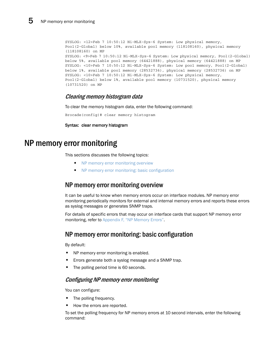 Np memory error monitoring, Np memory error monitoring overview, Np memory error monitoring: basic configuration | Brocade Multi-Service IronWare Administration Guide (Supporting R05.6.00) User Manual | Page 134 / 432
