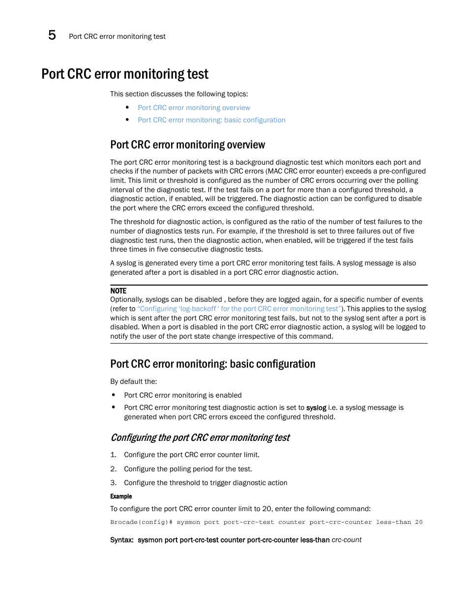 Port crc error monitoring test, Port crc error monitoring overview, Port crc error monitoring: basic configuration | Configuring the port crc error monitoring test | Brocade Multi-Service IronWare Administration Guide (Supporting R05.6.00) User Manual | Page 136 / 432