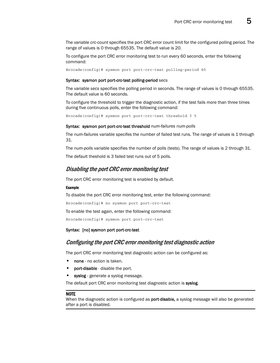 Disabling the port crc error monitoring test | Brocade Multi-Service IronWare Administration Guide (Supporting R05.6.00) User Manual | Page 137 / 432
