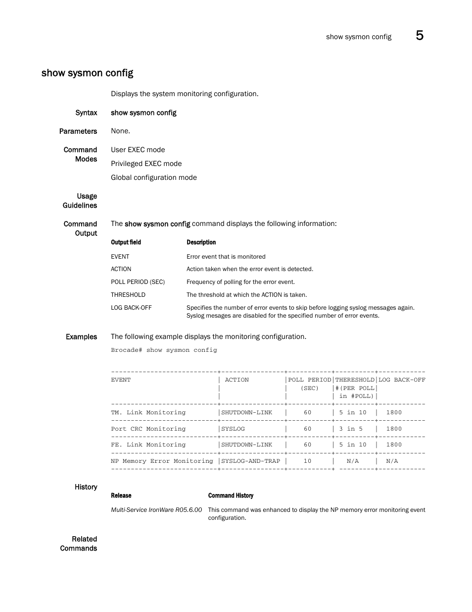 Show sysmon config | Brocade Multi-Service IronWare Administration Guide (Supporting R05.6.00) User Manual | Page 151 / 432