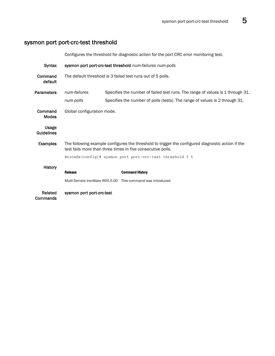 Sysmon port port-crc-test threshold | Brocade Multi-Service IronWare Administration Guide (Supporting R05.6.00) User Manual | Page 159 / 432