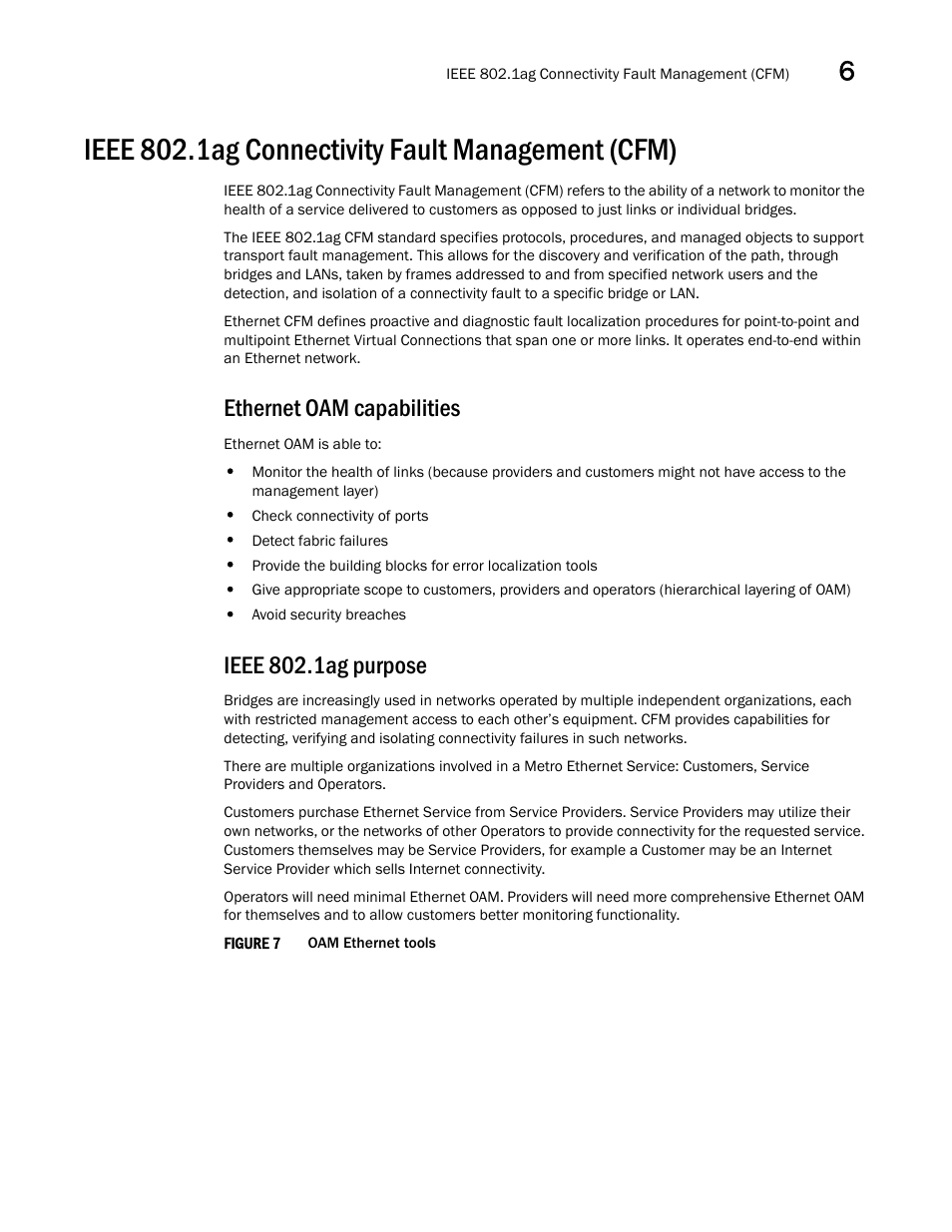 Ieee 802.1ag connectivity fault management (cfm), Ethernet oam capabilities, Ieee 802.1ag purpose | Brocade Multi-Service IronWare Administration Guide (Supporting R05.6.00) User Manual | Page 163 / 432
