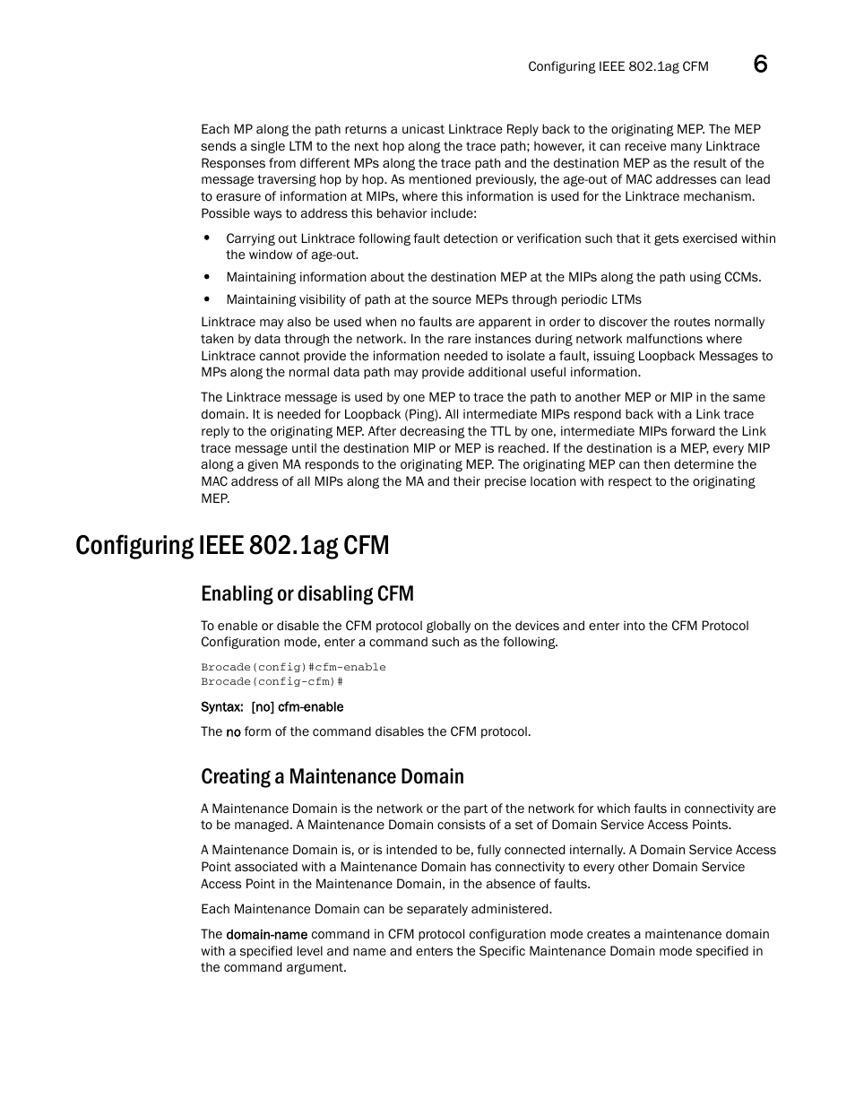 Configuring ieee 802.1ag cfm, Enabling or disabling cfm, Creating a maintenance domain | Brocade Multi-Service IronWare Administration Guide (Supporting R05.6.00) User Manual | Page 167 / 432