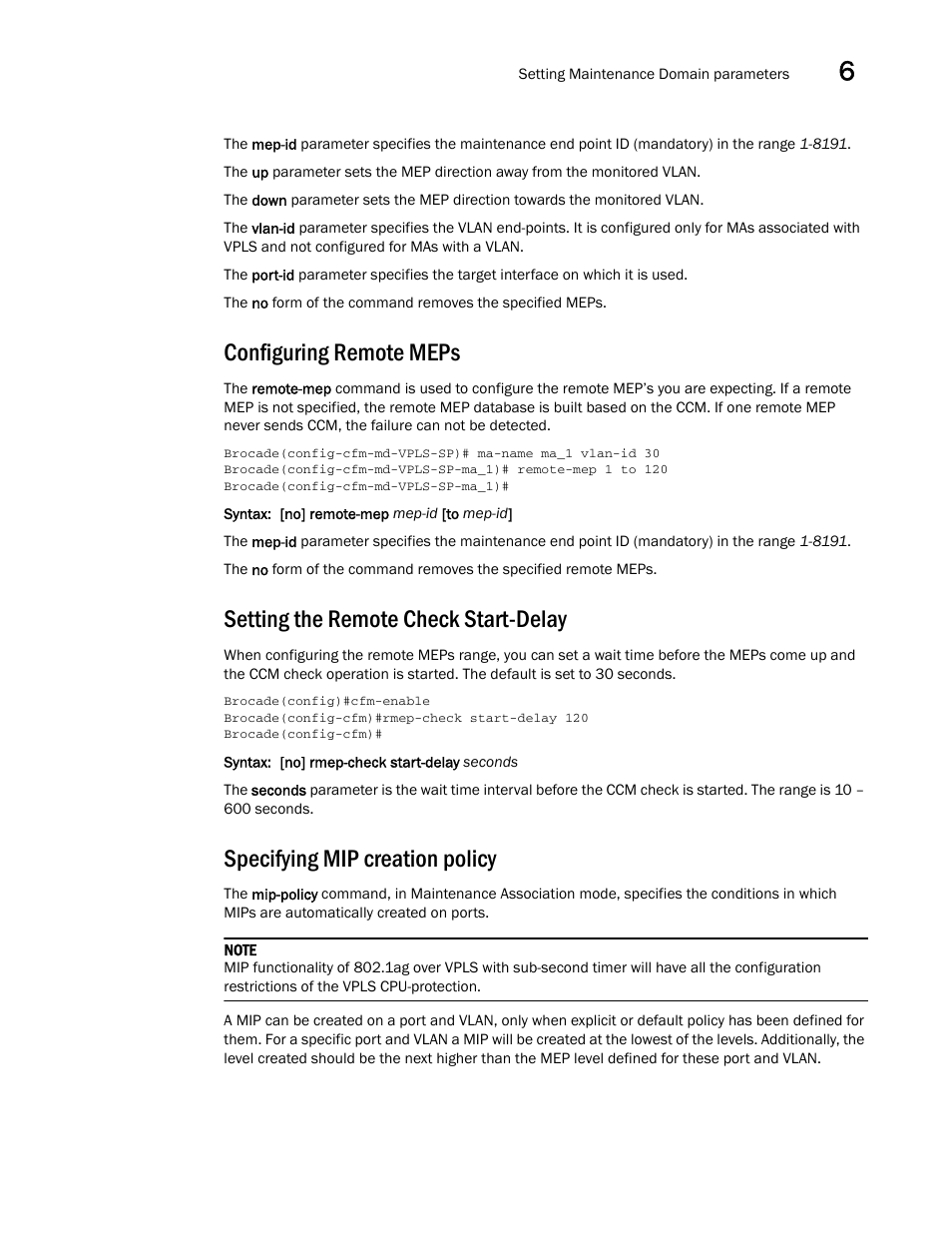 Configuring remote meps, Setting the remote check start-delay, Specifying mip creation policy | Brocade Multi-Service IronWare Administration Guide (Supporting R05.6.00) User Manual | Page 171 / 432