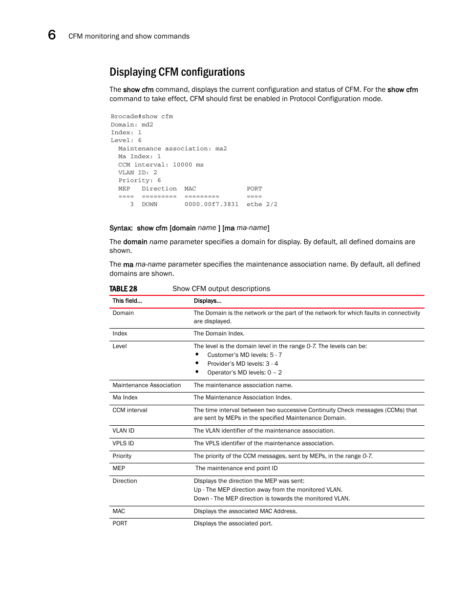 Displaying cfm configurations | Brocade Multi-Service IronWare Administration Guide (Supporting R05.6.00) User Manual | Page 178 / 432