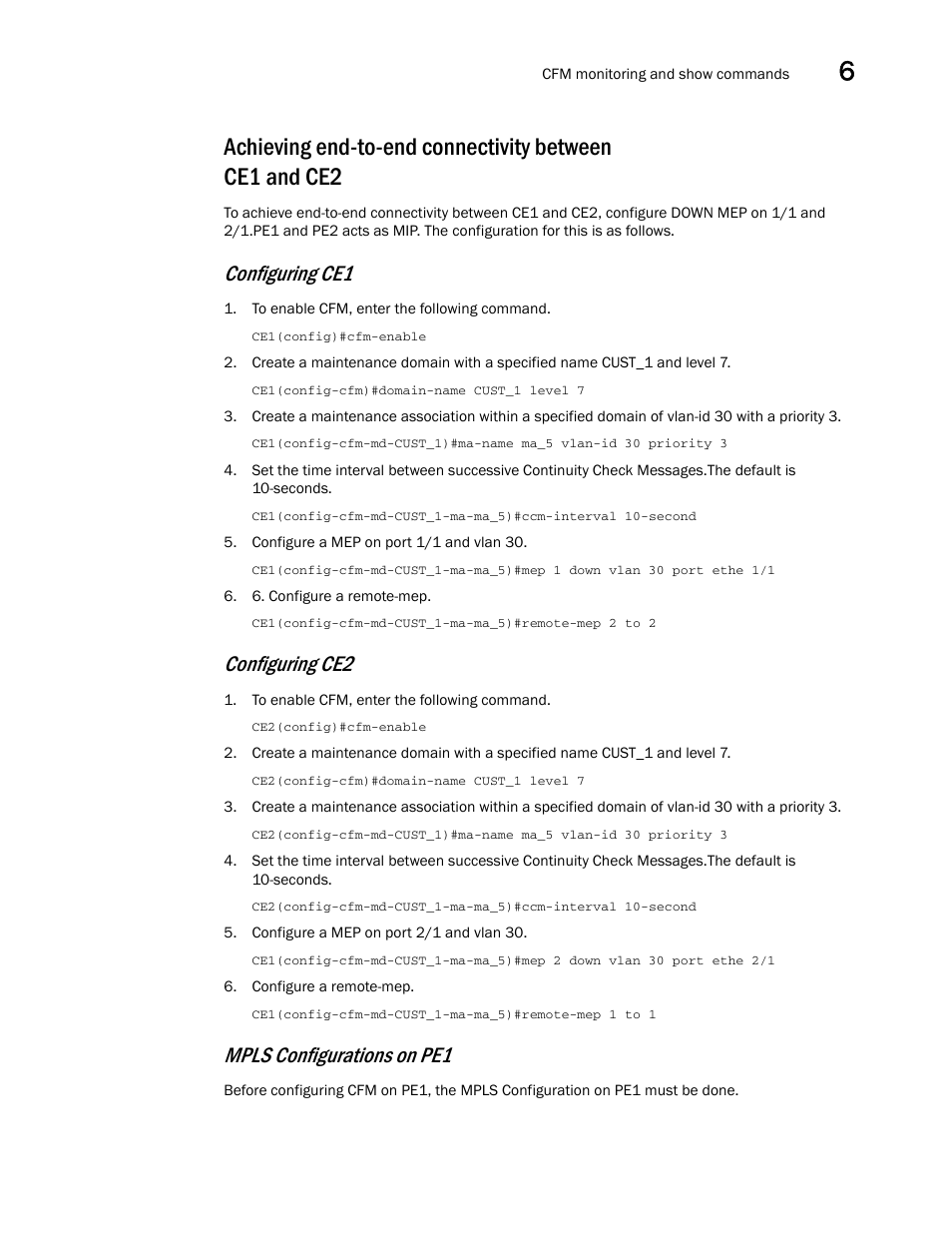 Configuring ce1, Configuring ce2, Mpls configurations on pe1 | Brocade Multi-Service IronWare Administration Guide (Supporting R05.6.00) User Manual | Page 189 / 432