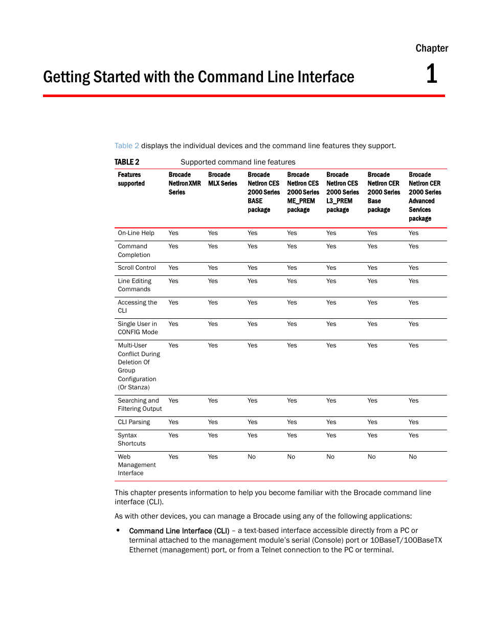 Getting started with the command line interface, Chapter 1, Chapter | Brocade Multi-Service IronWare Administration Guide (Supporting R05.6.00) User Manual | Page 19 / 432