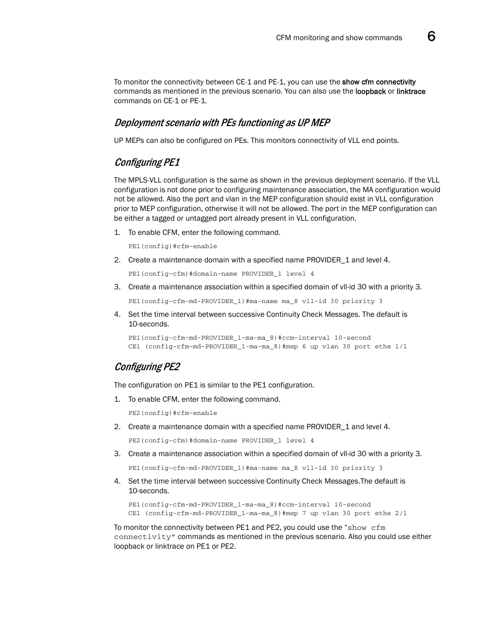 Deployment scenario with pes functioning as up mep, Configuring pe1, Configuring pe2 | Brocade Multi-Service IronWare Administration Guide (Supporting R05.6.00) User Manual | Page 195 / 432
