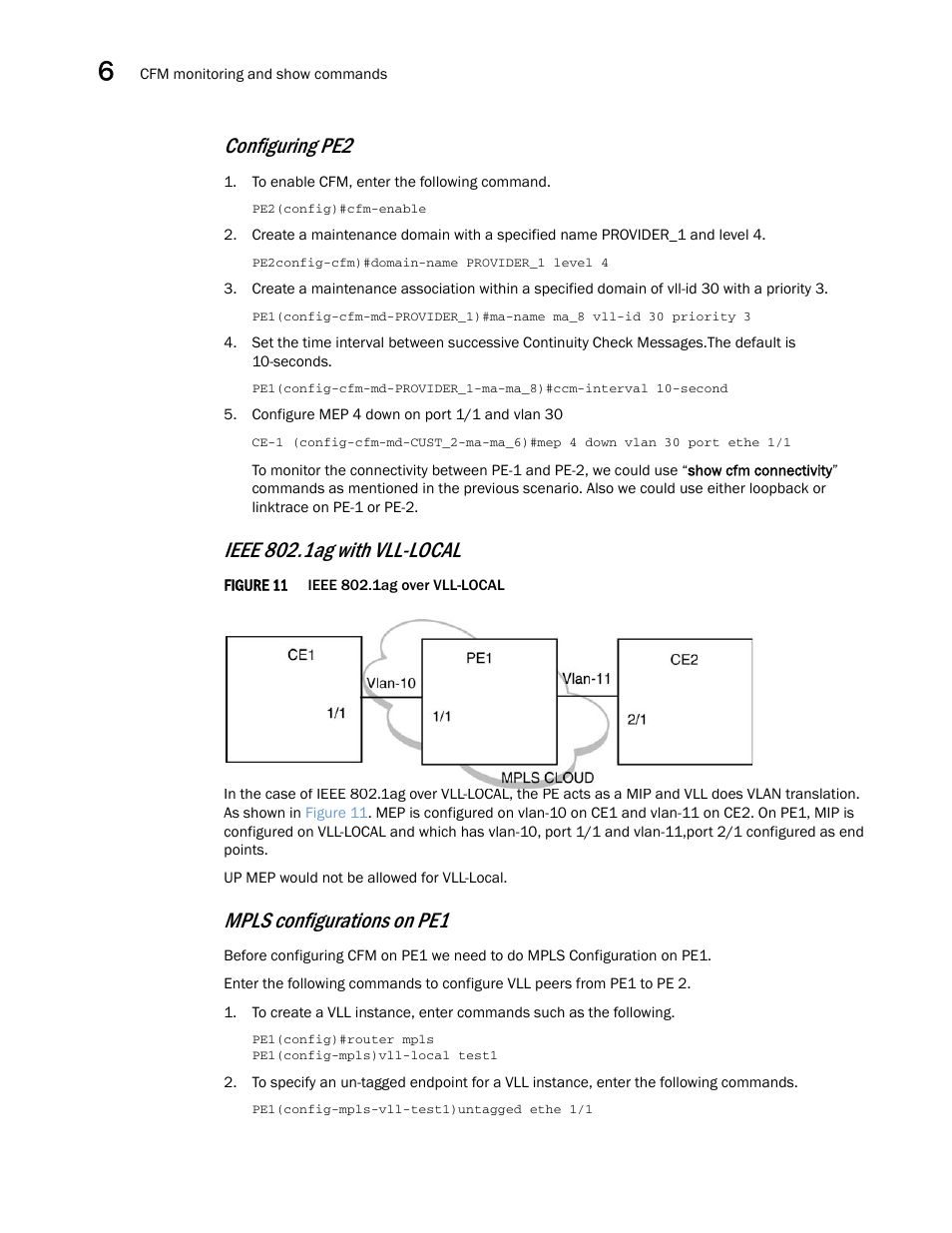 Configuring pe2, Ieee 802.1ag with vll-local, Mpls configurations on pe1 | Brocade Multi-Service IronWare Administration Guide (Supporting R05.6.00) User Manual | Page 196 / 432