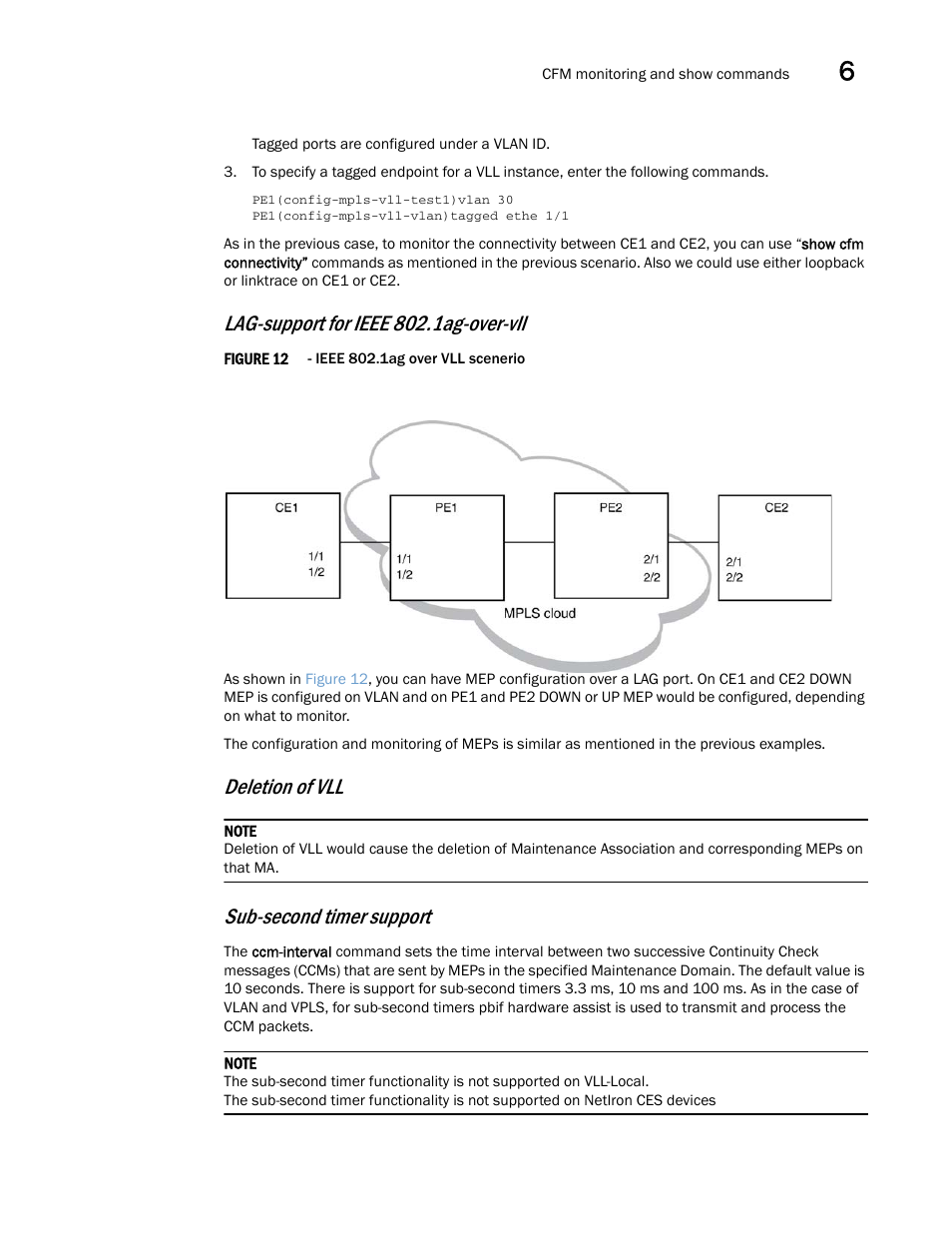 Lag-support for ieee 802.1ag-over-vll, Deletion of vll, Sub-second timer support | Brocade Multi-Service IronWare Administration Guide (Supporting R05.6.00) User Manual | Page 197 / 432
