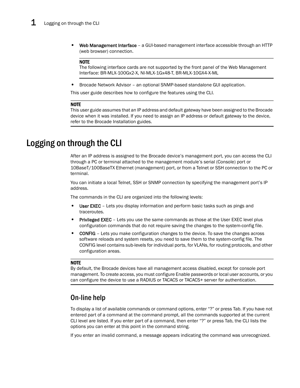 Logging on through the cli, On-line help | Brocade Multi-Service IronWare Administration Guide (Supporting R05.6.00) User Manual | Page 20 / 432