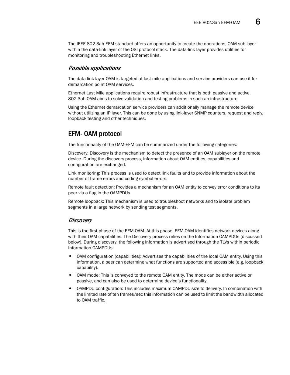 Efm- oam protocol, Possible applications, Discovery | Brocade Multi-Service IronWare Administration Guide (Supporting R05.6.00) User Manual | Page 207 / 432