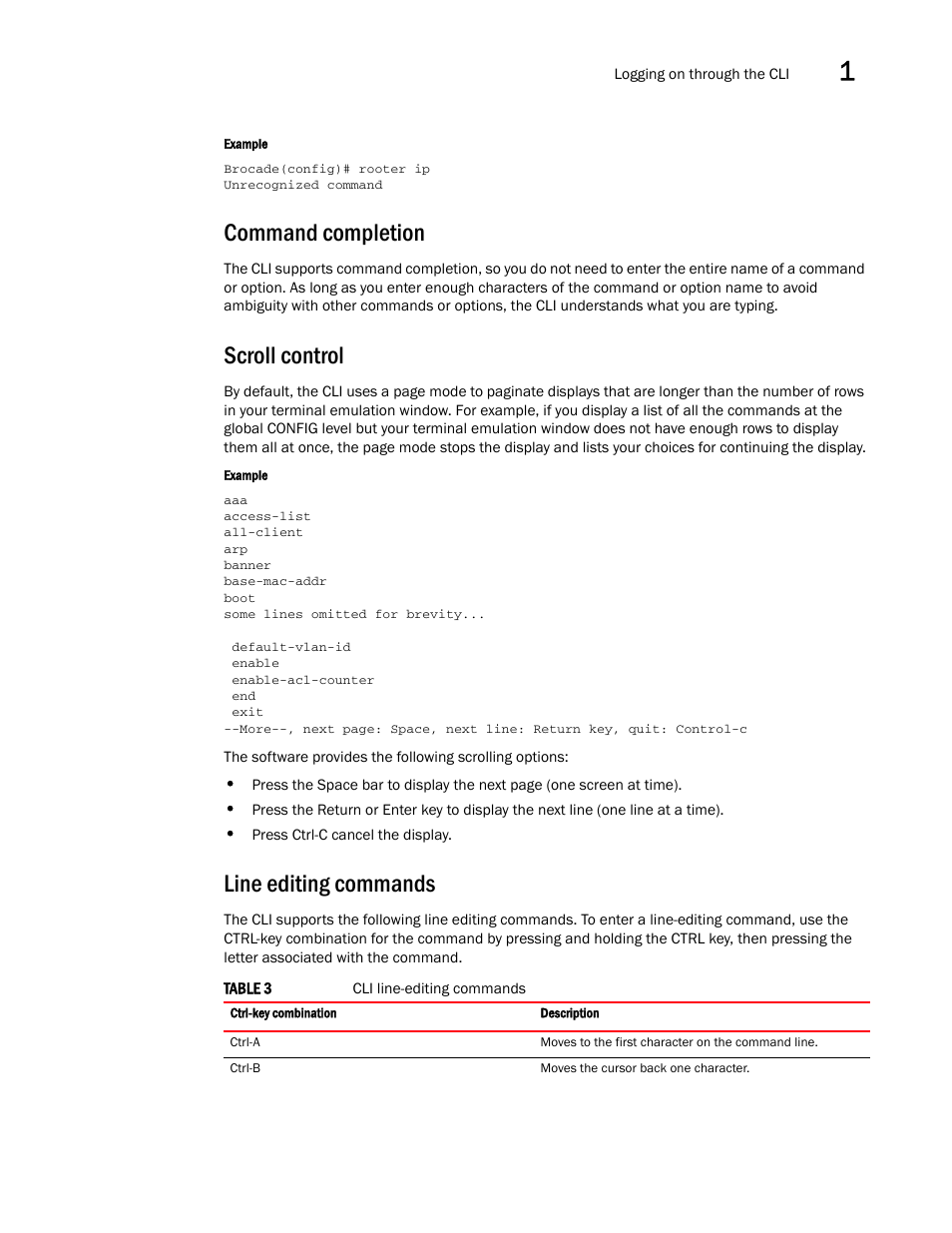 Command completion, Scroll control, Line editing commands | Brocade Multi-Service IronWare Administration Guide (Supporting R05.6.00) User Manual | Page 21 / 432