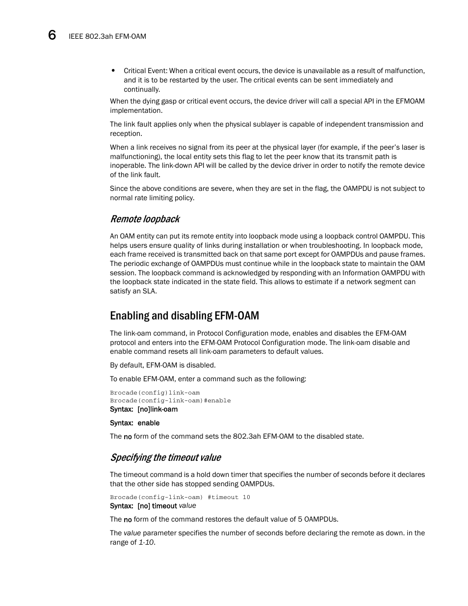 Enabling and disabling efm-oam, Remote loopback, Specifying the timeout value | Brocade Multi-Service IronWare Administration Guide (Supporting R05.6.00) User Manual | Page 210 / 432