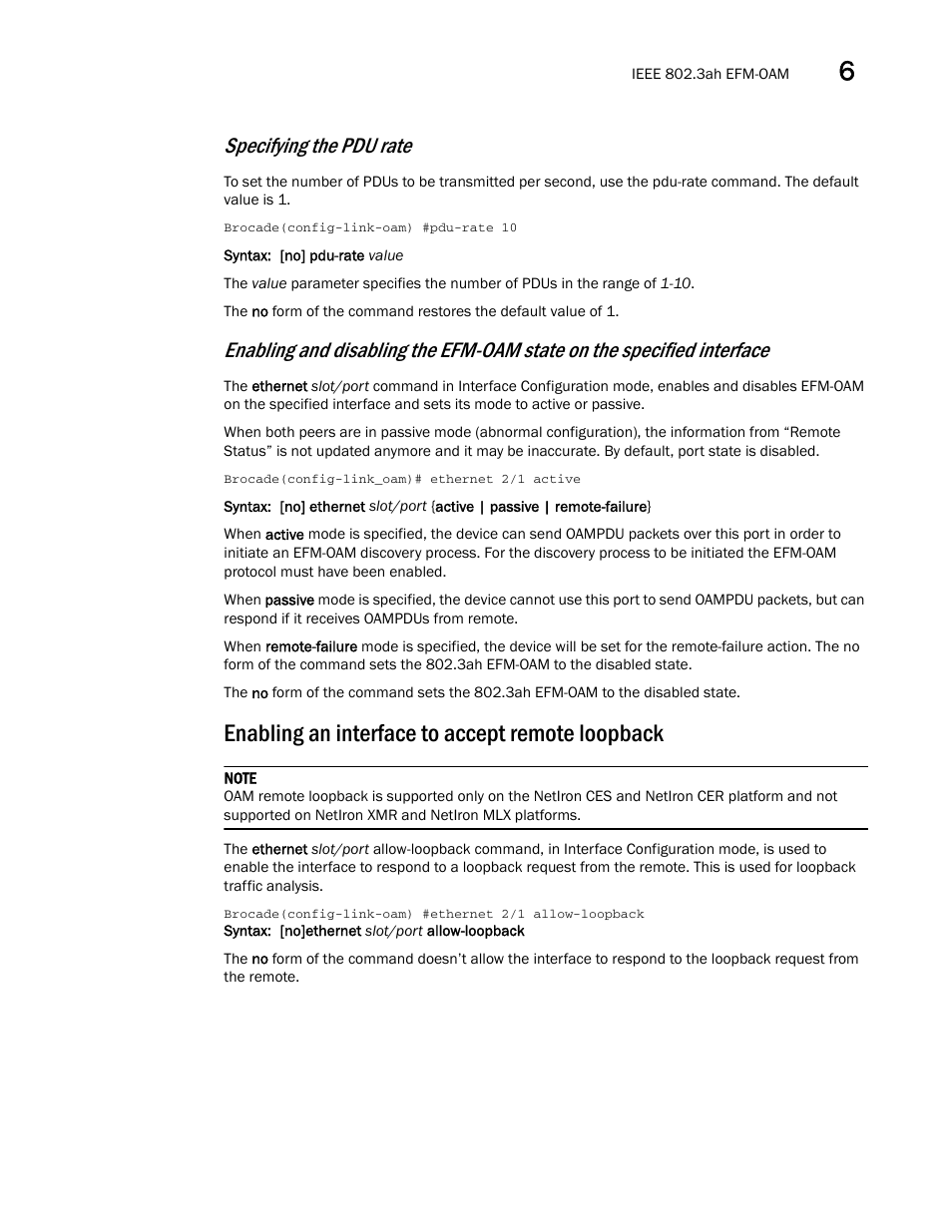 Enabling an interface to accept remote loopback, Specifying the pdu rate | Brocade Multi-Service IronWare Administration Guide (Supporting R05.6.00) User Manual | Page 211 / 432