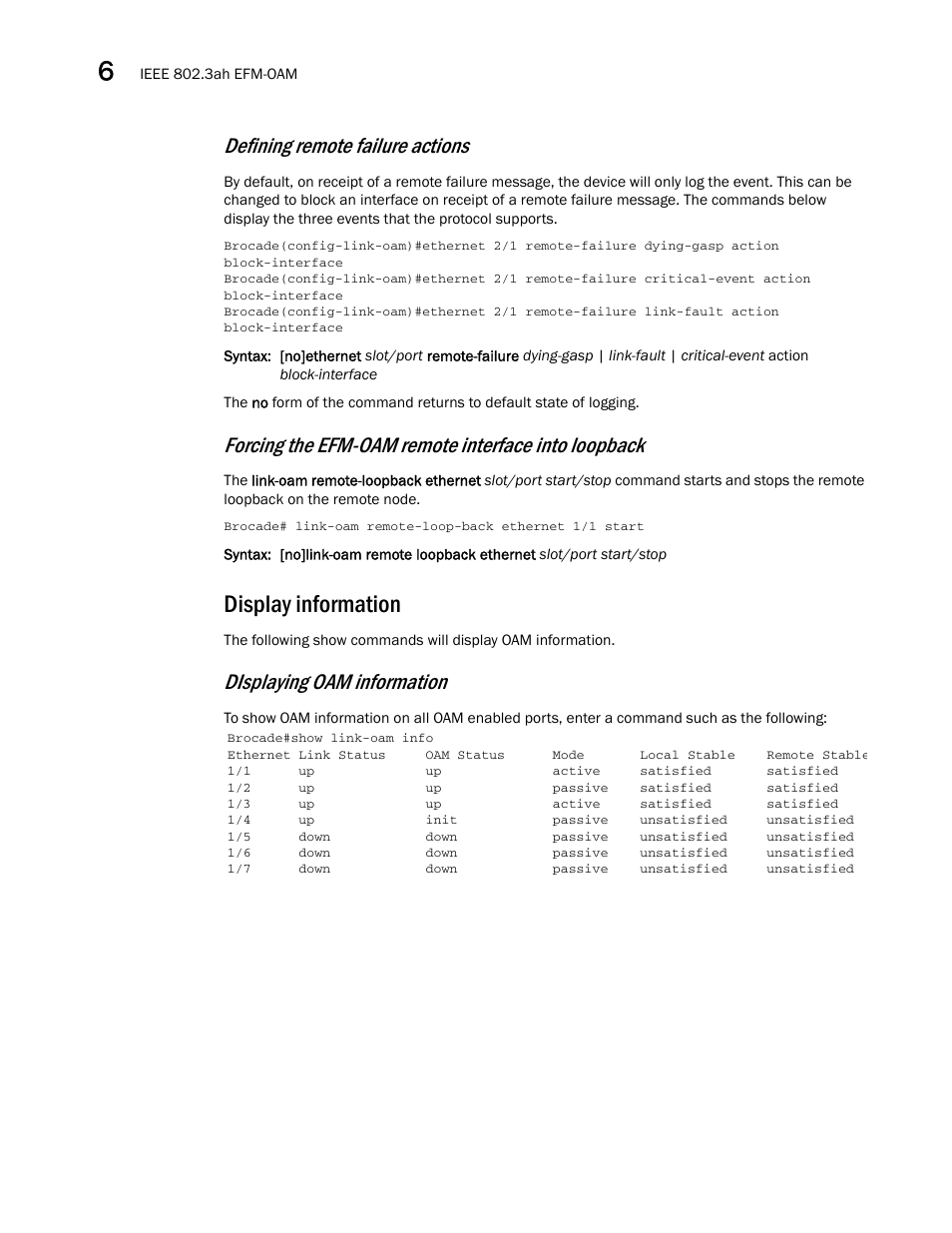 Display information, Defining remote failure actions, Forcing the efm-oam remote interface into loopback | Displaying oam information | Brocade Multi-Service IronWare Administration Guide (Supporting R05.6.00) User Manual | Page 212 / 432