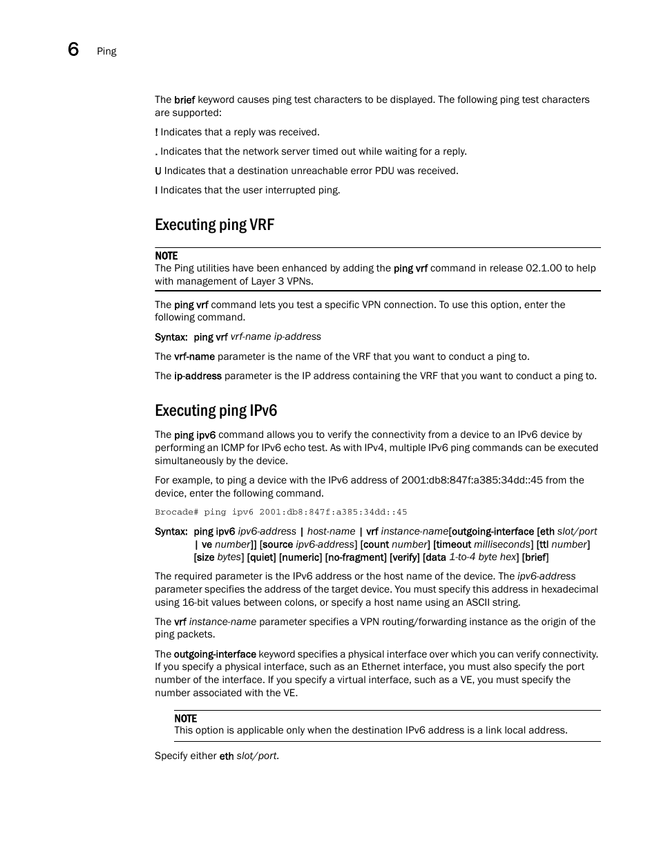 Executing ping vrf, Executing ping ipv6 | Brocade Multi-Service IronWare Administration Guide (Supporting R05.6.00) User Manual | Page 218 / 432
