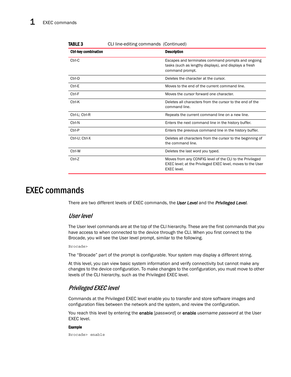 Exec commands, User level, Privileged exec level | Brocade Multi-Service IronWare Administration Guide (Supporting R05.6.00) User Manual | Page 22 / 432