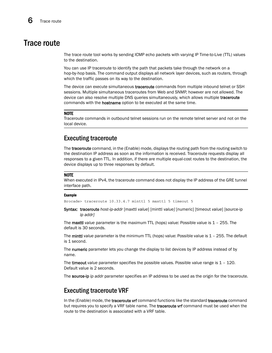 Trace route, Executing traceroute, Executing traceroute vrf | Brocade Multi-Service IronWare Administration Guide (Supporting R05.6.00) User Manual | Page 220 / 432