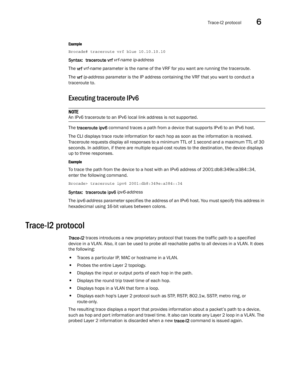 Executing traceroute ipv6, Trace-l2 protocol | Brocade Multi-Service IronWare Administration Guide (Supporting R05.6.00) User Manual | Page 221 / 432
