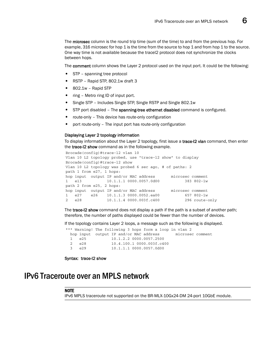 Ipv6 traceroute over an mpls network | Brocade Multi-Service IronWare Administration Guide (Supporting R05.6.00) User Manual | Page 223 / 432