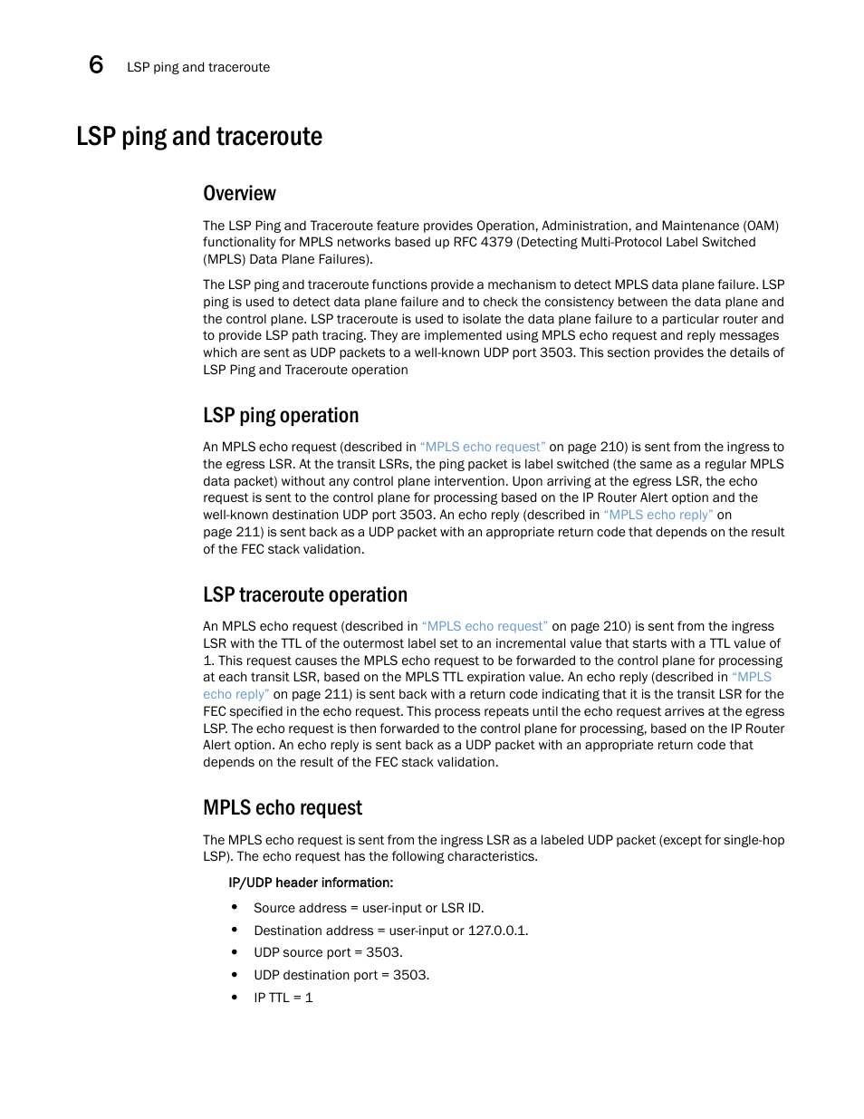 Lsp ping and traceroute, Overview, Lsp ping operation | Lsp traceroute operation, Mpls echo request, Lsp ping, And traceroute | Brocade Multi-Service IronWare Administration Guide (Supporting R05.6.00) User Manual | Page 228 / 432