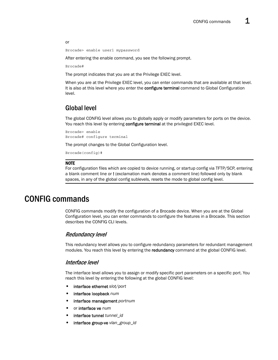 Global level, Config commands, Redundancy level | Interface level | Brocade Multi-Service IronWare Administration Guide (Supporting R05.6.00) User Manual | Page 23 / 432