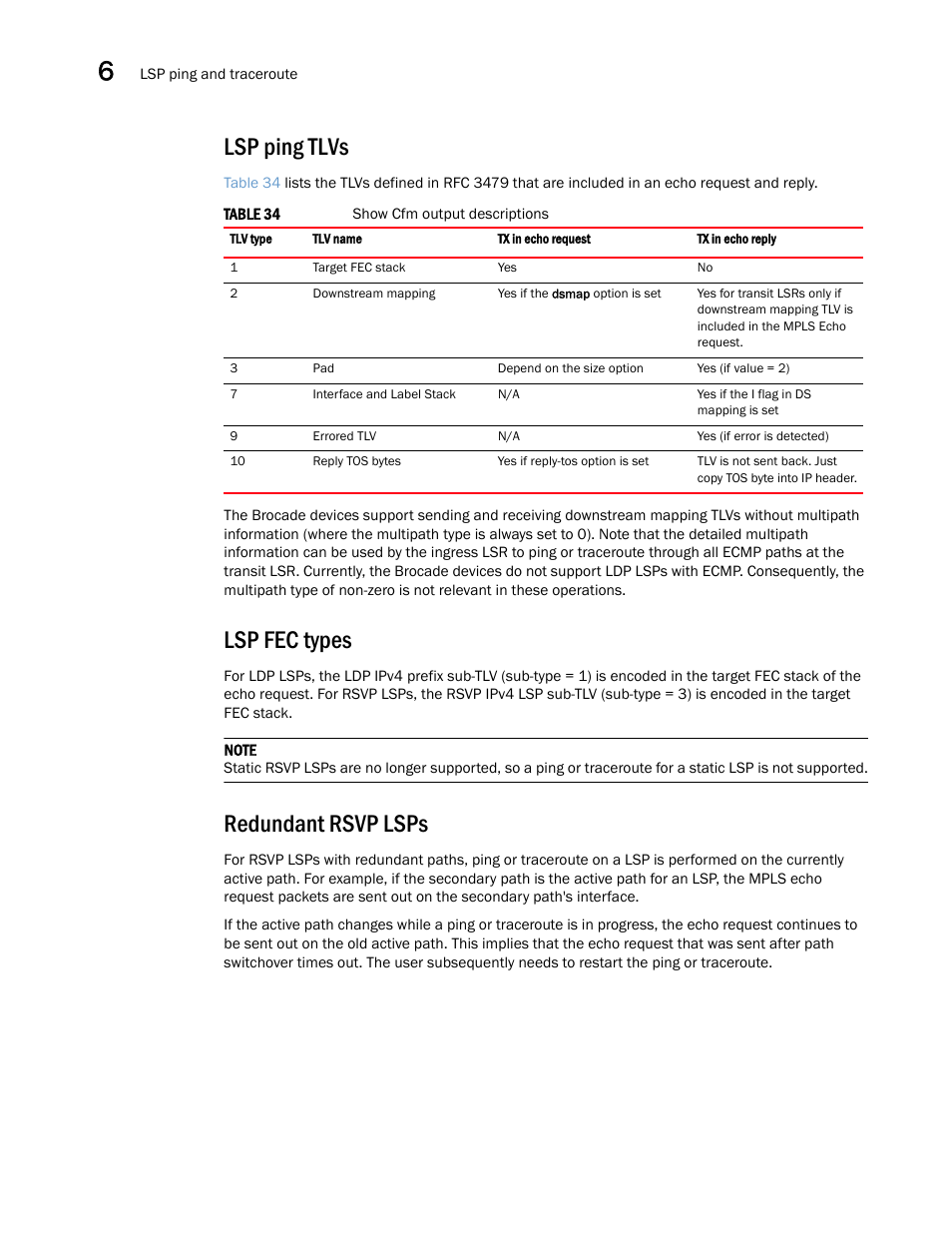 Lsp ping tlvs, Lsp fec types, Redundant rsvp lsps | Brocade Multi-Service IronWare Administration Guide (Supporting R05.6.00) User Manual | Page 230 / 432